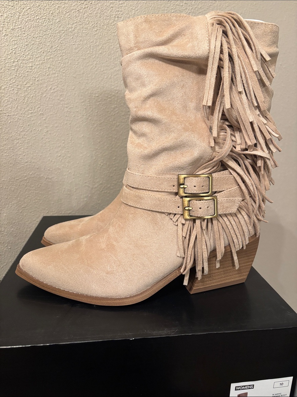 Madden NYC Frinded Suede Mid-Calf Western Boots in Beige 10